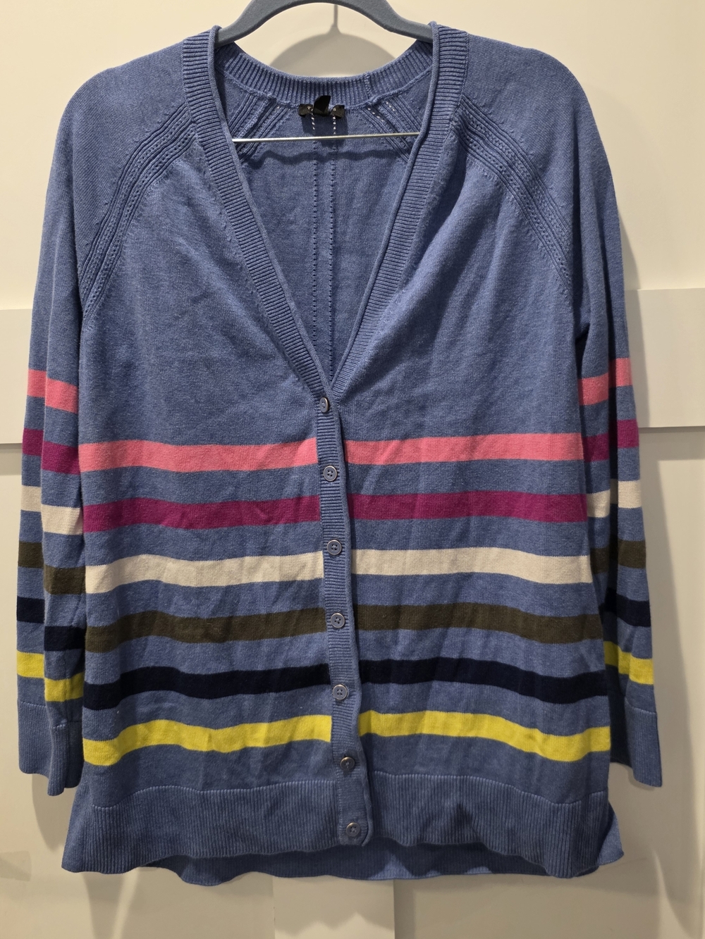 Talbots Womens V Neck Cardigan  Heathered Blue Multi Stripe Preppy Coastal